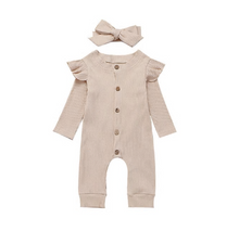 Load image into Gallery viewer, Ribbed Ruffle Rompers With Headbands